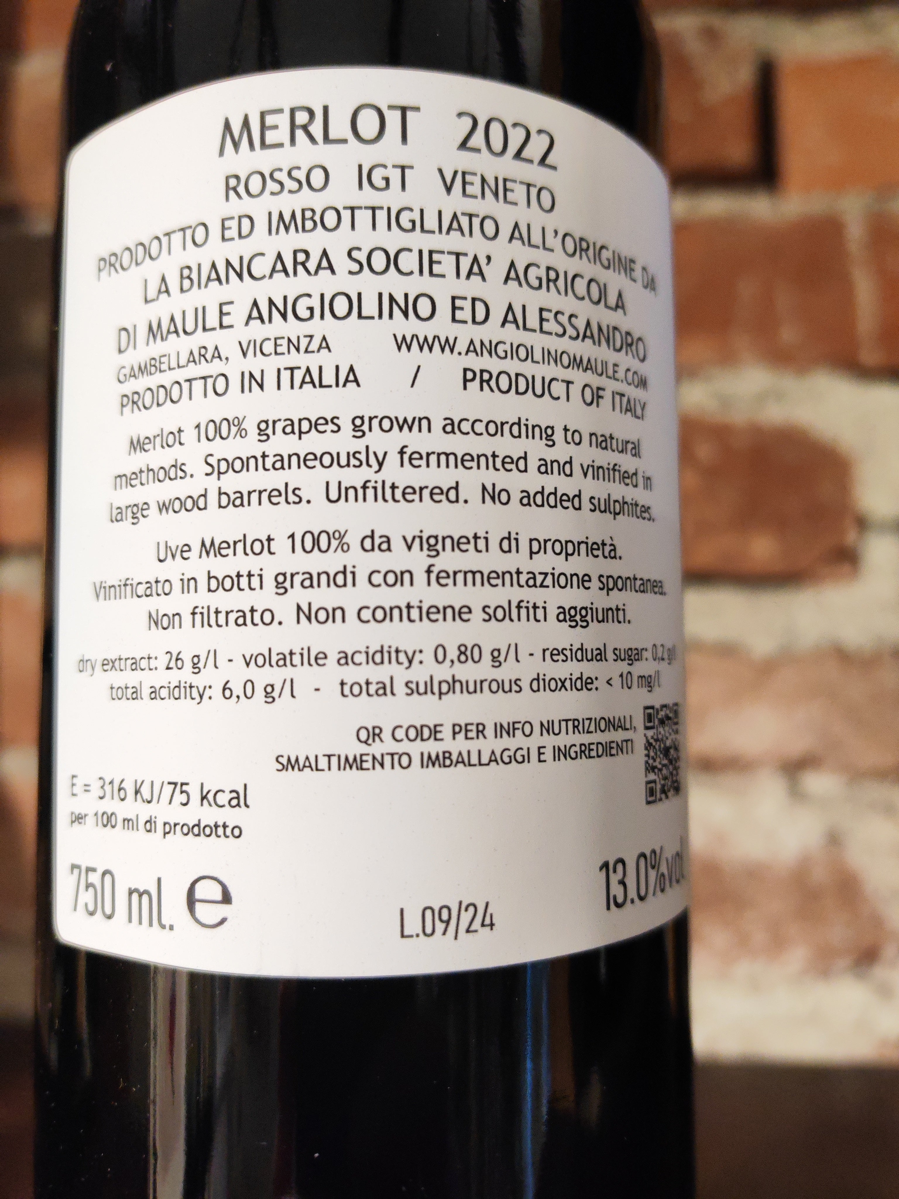 Vino Rosso Merlot 2022, La Biancara di Angiolino Maule – 0,75 cl